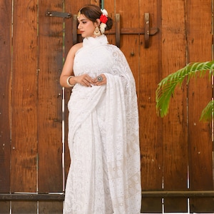 White Chikankari Saree with blouse, Mukaish Chikankari Saree, Chikankari Pure Georgette Saree, Indian Wear, Handmade Chikankari Sari