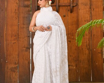 White Chikankari Saree: Pure Georgette Mukaish Sari with Blouse