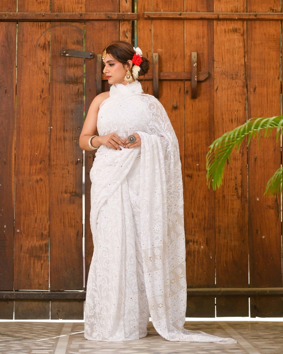 White Chikankari Saree With Blouse, Mukaish Chikankari Saree, Chikankari  Pure Georgette Saree, Indian Wear, Handmade Chikankari Sari 