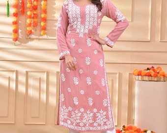 Dusty Pink Chikankari Kurti: Hand Embroidered Modal Cotton, Ethnic Women&#39;s Wear