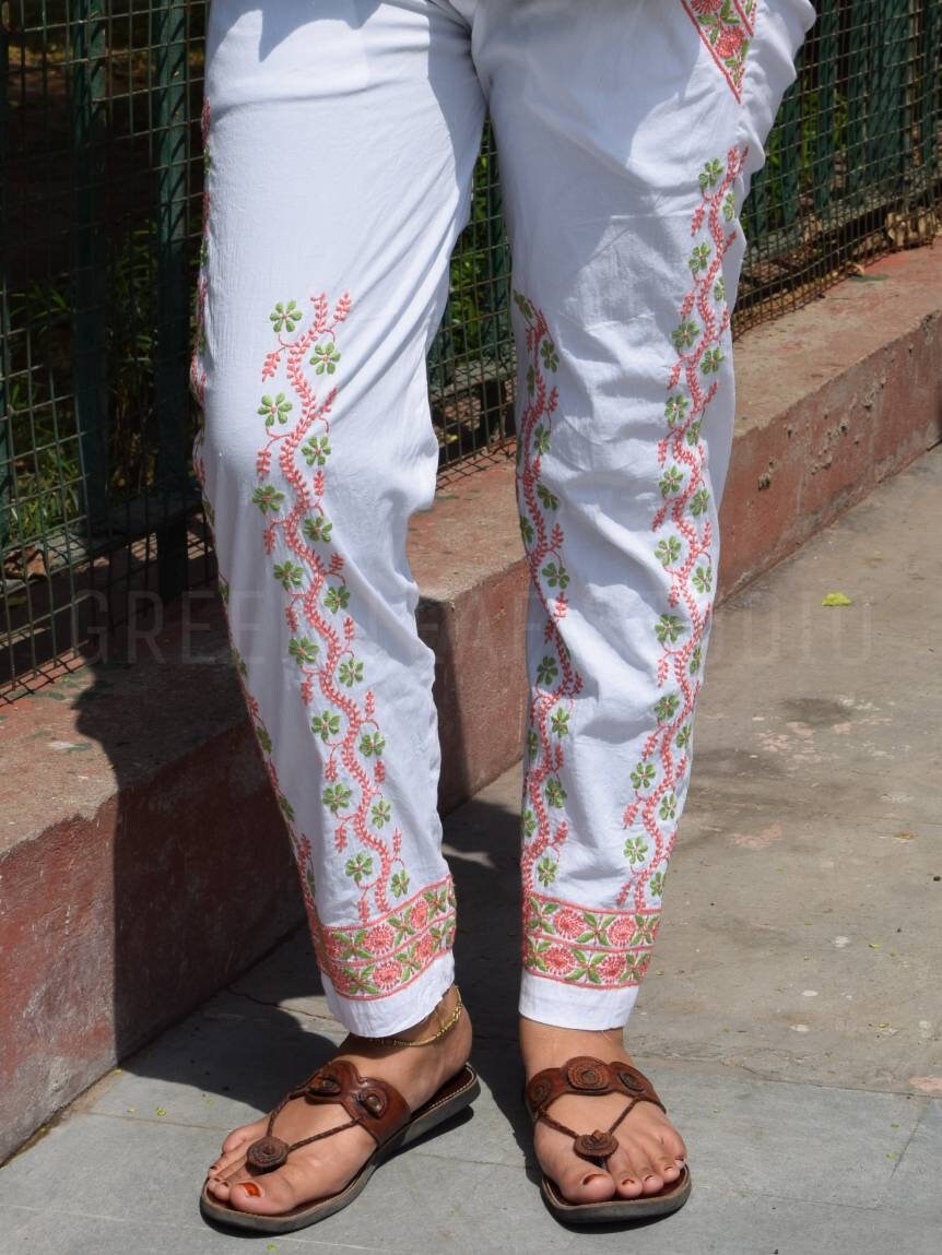 White chikankari Cotton Lycra Stretch Ladies Pant â Shilphaat.com