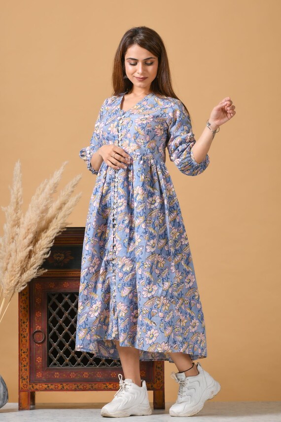 Floral Dress With Quirky Sleeves, Women Handblock Printed