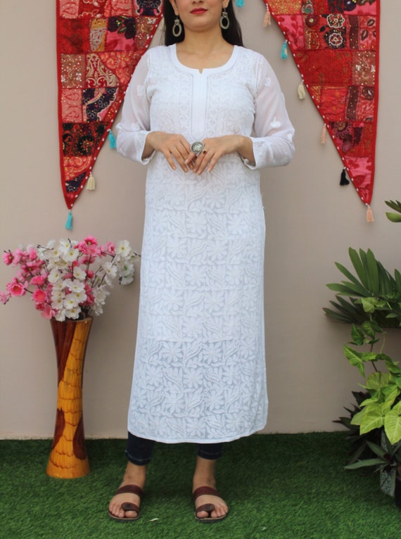 White Chikankari Kurti, Lucknowi White Viscose Chikan Kurta, Kurta Ethnic  Wear, Hand-embroidered Kurta Gift for Her, With Free White Inner -   Canada