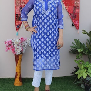 Georgette Lucknowi Chikankari Kurti, Royal Blue Chikankari Straight Kurti in Georgette with Free Inner, Indian Traditional Wear