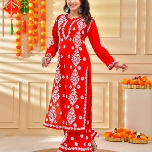 Modal Red Chikankari kurta palazzo set, Modal chikankari Kurta-set, Red Modal Lucknowi kurta-palazzo set, Kurta- Palazzo Set, Dress for eid