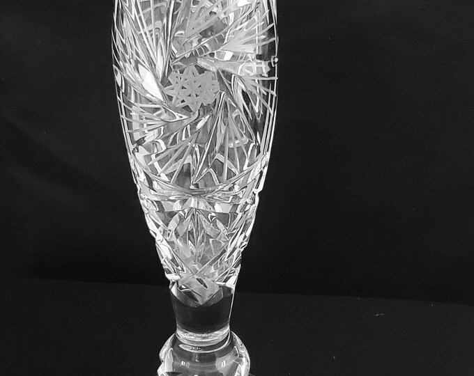 Vintage Lead Crystal Footed Bud Vase. Hand Cut Swirled Star Pinwheel