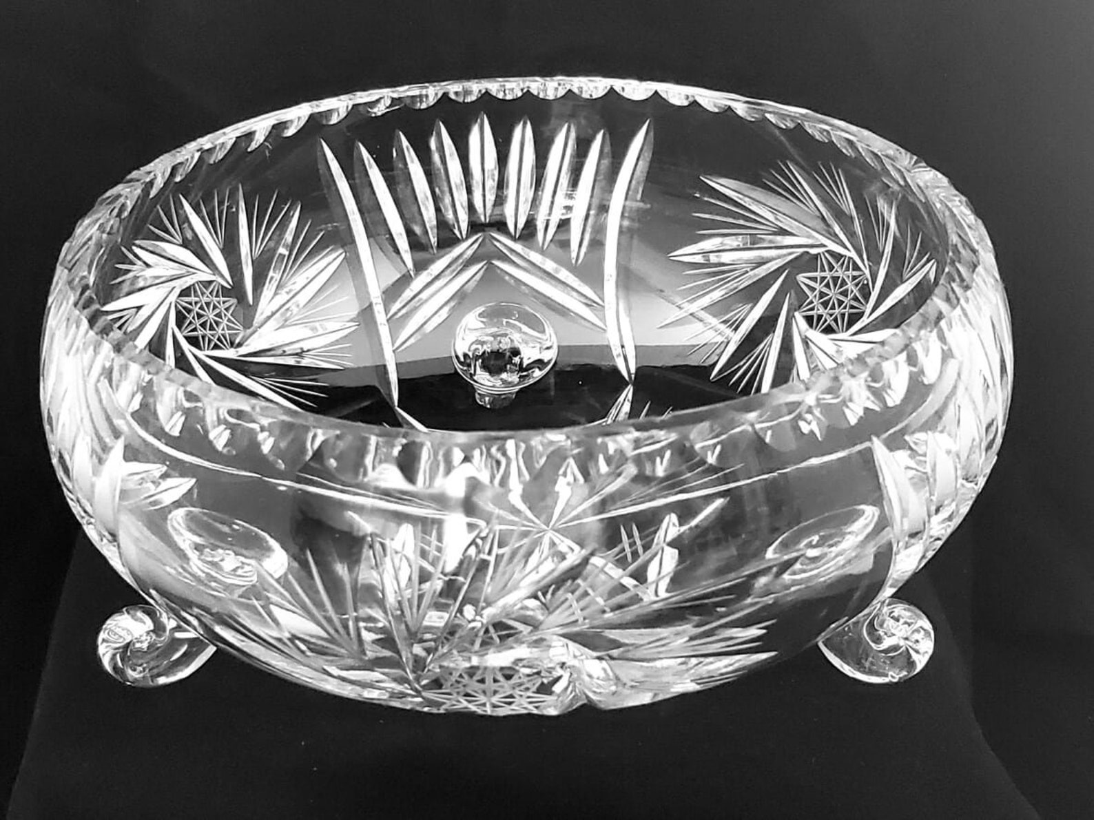 Vintage Lead Crystal Trifooted Bowl. Hand Cut Swirled Star Pinwheel