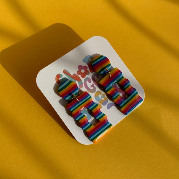 Rainbow Stripe Pattern Wavy Drop Earrings / Polymer Clay Earrings / Rainbow