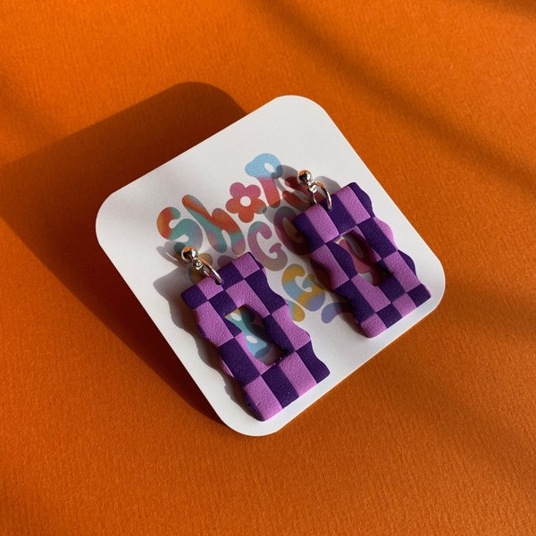 Checkerboard Pattern Wavy Drop Earrings / Polymer Clay Earrings / Two tone Purple