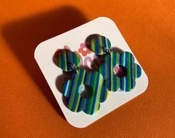 Retro Stripped Small Flower Dangle Earrings / Handmade Polymer Clay Earrings / Green and Blue Earrings