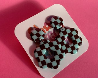 Checkerboard Small Flower Dangle Earrings / Handmade Polymer Clay Earrings / Blue and Brown Earrings