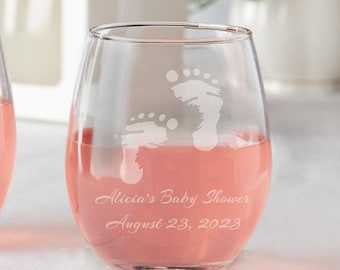 Set of 12 Personalized Baby Feet Baby Shower Favors Stemless Wine Glasses Baby Shower Christening Baptism Party Girl or Boy Cheap Favors