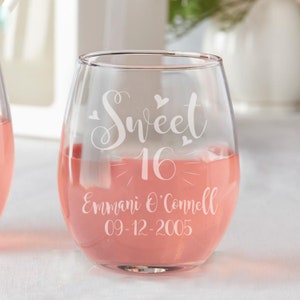 Set of 12 Personalized Custom Sweet 16 Hearts Sweet Sixteen Party Favors Sweet 16 Theme Stemless Wine Glasses Sweet Sixteen Party Favors