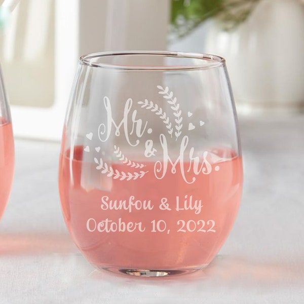 Etched Set of 12 Personalized Mr & Mrs wheat and heart design Wedding Party Favors Stemless Wine Glasses Wedding Favors Bridal Shower Favors