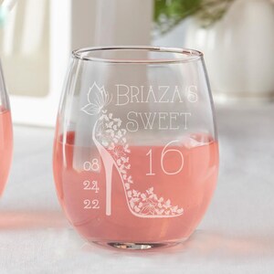 Etched Set of 12 Personalized Custom Sweet 16 Cinderella Shoe Sweet Sixteen Party Favors Sweet 16 Theme Stemless Wine Glasses Party Favors
