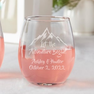 Set of 12 Etched Let the Adventure Begin Wedding Party Favors Stemless Etched Wine Glasses Personalized Bridal Shower Favors Mountain Favor