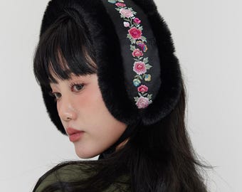 Korean Royal Bolkki – BLACK Hanbok Ear Warmer Scarf, Embroidered Bonnet, Faux Fur Ribbon Tie