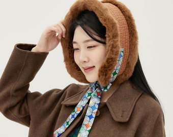 Earmuff Bolkki Brown, Quilting Bonnet,South Korean Hanbok earmuffs, Ribbron tie Neck Warmer, Faux fur earmuffs, Long earmuff.