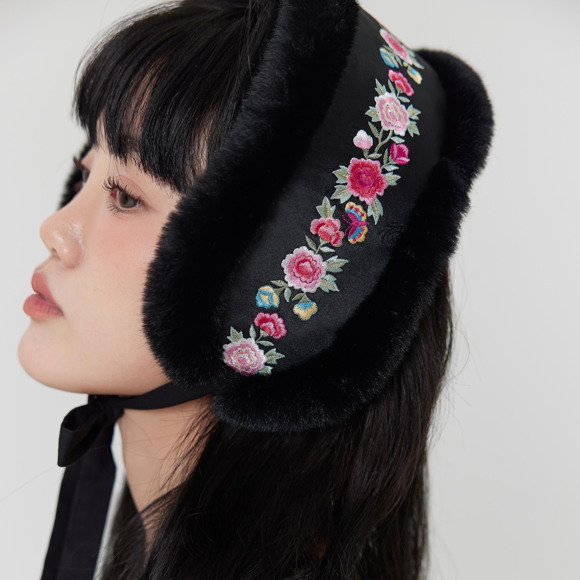 Korean Royal Bolkki – BLACK Hanbok Ear Warmer Scarf, Embroidered Bonnet ...