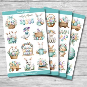 May include: Watercolor illustrations of Easter-themed stickers. The stickers feature bunnies, baskets of eggs, chicks, and floral arrangements in pastel colours. The text "Pastel Easter" is at the top, and "crazydaizydesigns.com" is at the bottom.