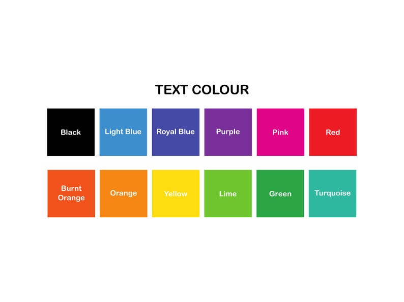 Pu&ograve; includere: Un grafico che mostra diversi colori di testo, tra cui nero, blu chiaro, blu reale, viola, rosa, rosso, arancione bruciato, arancione, giallo, lime, verde e turchese.