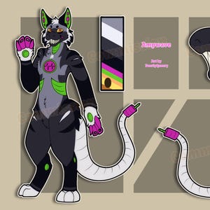 Puede incluir: Arte digital de un personaje antropomórfico felino estilizado con una combinación de colores negro, gris y blanco. El personaje tiene detalles en verde y rosa, con una larga cola blanca. La imagen incluye un primer plano de una boca sonriente y una paleta de colores.