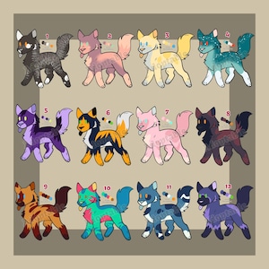 May include: Twelve cartoon dog illustrations with various color schemes, including black, gray, pink, yellow, blue, and purple. Each dog has a unique design and color palette, with a small color palette next to each dog. The dogs are in a standing pose.