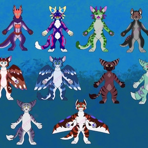 Può includere: Una collezione di dieci creature dei cartoni animati colorate con caratteristiche antropomorfe. Ogni personaggio ha un design unico, con variazioni di colore, motivo e accessori. Le creature sono su uno sfondo blu.