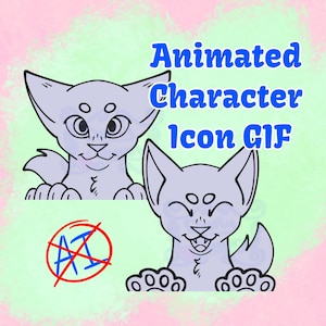 May include: Two light purple cat-like characters with large ears and paws are displayed against a light green background. The text Animated Character Icon GIF is written in blue. A red circle with a line through the blue text AI is visible.
