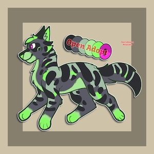 May include: Illustration of a stylized canine with a spotted pattern in shades of gray, black, and neon green. The image includes the text "Open Adopt" and a color palette. The artwork has a cartoonish style.