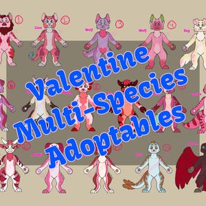 Op de afbeelding: Een digitale illustratie met verschillende antropomorfe wezens in Valentijnsdagkleuren. De afbeelding bevat leeuwen, wolven, honden en andere soorten, met de tekst "Valentine Multi-Species Adoptables" in een blauw, bubbelachtig lettertype.