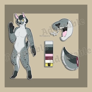 Könnte beinhalten: Digitale Kunst eines hirschähnlichen Charakters mit grau-weißem Fell, schwarzen Flecken und rosa gefütterten Ohren. Das Bild enthält eine Farbpalette, einen Mund und einen Schwanz. Der Text "DeeriQueery" ist sichtbar.