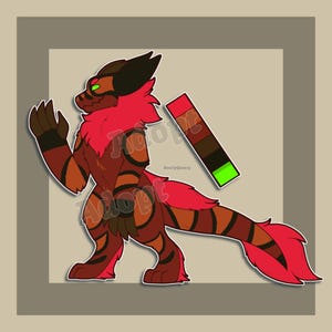 May include: A digital illustration of a furry creature with a red and brown color scheme. The creature has a red mane, tail, and accents, with brown and black stripes. The image includes a color palette and the word "Adopt" repeated.