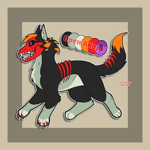 Puede incluir: Ilustración digital de una criatura canina estilizada con una máscara roja con forma de calavera y un diseño de caja torácica. La criatura tiene pelaje negro, detalles en naranja y amarillo, y vientre y patas grises. También está presente el texto "Open Adopt" y "DeerlyQueery Adoptable".
