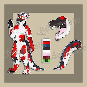 Könnte beinhalten: Digitale Illustration eines Charakters mit weißem Körper, roten und schwarzen Markierungen und grünen Augen. Das Bild enthält eine Farbpalette und separate Illustrationen eines Kopfes und eines Schwanzes. Die Figur winkt.