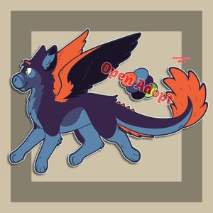 Könnte beinhalten: Cartoon-Illustration einer Fantasie-Kreatur mit blauer, violetter und orangefarbener Farbgebung. Die Kreatur hat große Flügel, einen langen Schwanz und den Text "Open Adopt" in diagonaler Schrift.