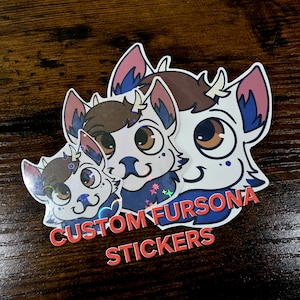 May include: A stack of custom fursona stickers featuring cartoon animal faces with brown and blue accents. The stickers have a holographic effect and the text "CUSTOM FURSONA STICKERS" in red.