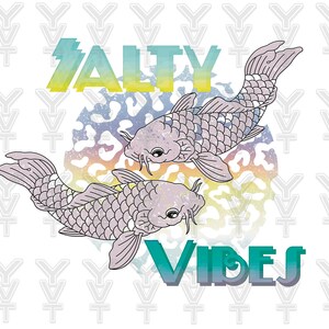 Puede incluir: Ilustración de dos carpas koi con el texto "SALTY VIBES". Los peces son de color púrpura claro con escamas detalladas, sobre un fondo texturizado y colorido.