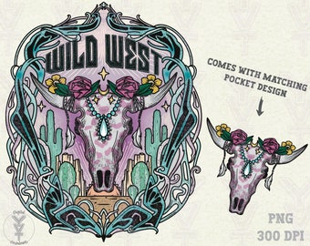 Vilda västern retrostil png, dödskalle med boskap, trendig westerndesign png, sublimeringsdesign, cowgirl-vibbar png, vintage png, höstsäsong png