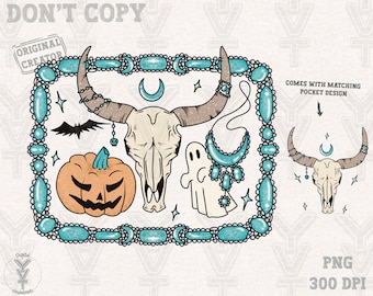 Halloween turquoise png,skull  cattle ,Western trendy design png, sublimation design, cowgirl vibes png,vintage png,fall season png