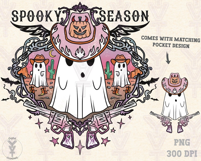 May include: A digital illustration with the text "Spooky Season." The design features a ghost wearing a cowboy hat with a jack-o'-lantern on it, surrounded by a decorative frame, two revolvers, and stars. A matching pocket design is also shown.