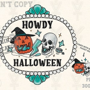 Howdy Halloween turquoise png, skeleton ,Western trendy design png, sublimation design, cowgirl vibes png,vintage png,fall season,ghost