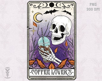 Tarot-Kaffee-Liebhaber png, Skelett,Halloween,spooky trendy Design png,Halloween Sublimation Design,spooky vibes png,scary png,Herbstsaison png,