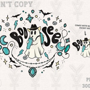 May include: A cute ghost wearing a cowboy hat and holding a drink with the text "Boo-jse" in a whimsical font. The design is surrounded by stars, moons, and other spooky elements in teal and black.