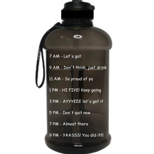 May include: A black motivational water bottle with a black lid and a carrying strap. The bottle has motivational quotes printed on it, such as "Let's go!" and "You did it!!!".