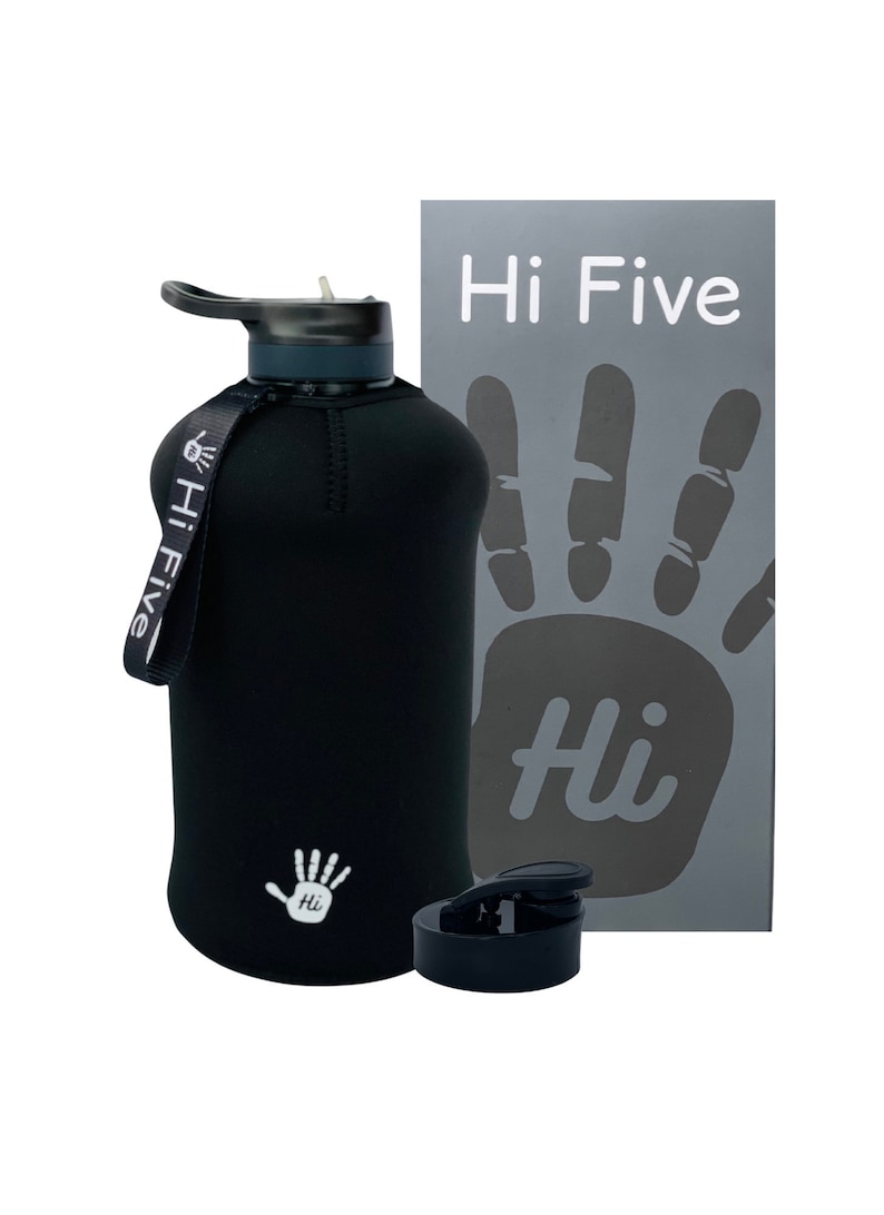 May include: Black reusable water bottle with a black neoprene sleeve and a black cap. The bottle has a white logo that says "Hi Five" and a handprint with the word "Hi" underneath. The bottle is next to a box with the words "Hi Five" on it.
