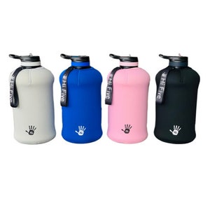 May include: Four reusable water bottles in different colours: grey, blue, pink, and black. Each bottle has a black strap with the text "HI FIVE" printed on it. The bottles have a white handprint logo on the bottom.