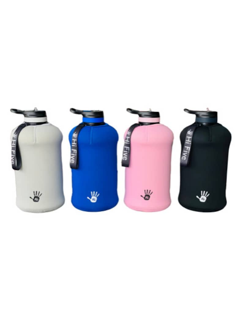 May include: Four reusable water bottles in different colours: grey, blue, pink, and black. Each bottle has a black strap with the text "HI FIVE" printed on it. The bottles have a white handprint logo on the bottom.
