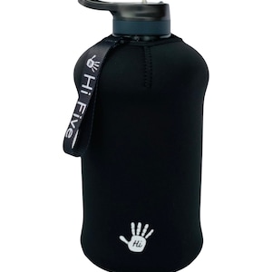 May include: Black water bottle with a black neoprene sleeve and a black strap with the text "Hi Five" printed in white. The bottle has a black lid with a flip top.