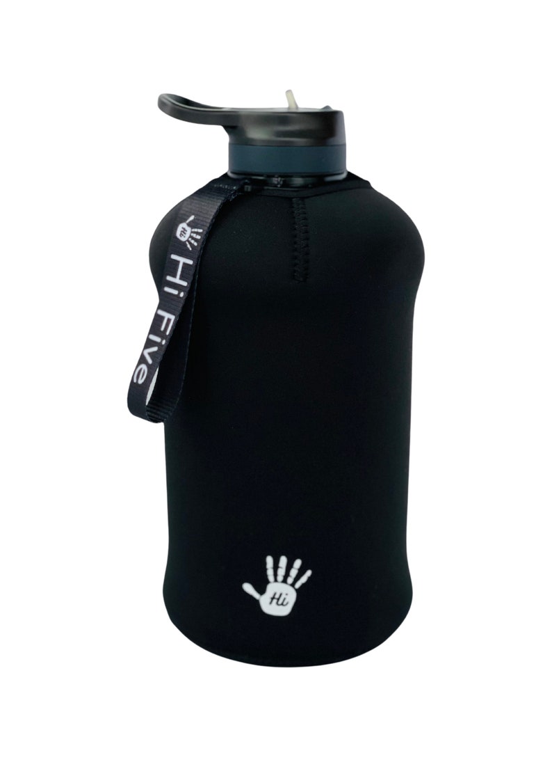 May include: Black water bottle with a black neoprene sleeve and a black strap with the text "Hi Five" printed in white. The bottle has a black lid with a flip top.